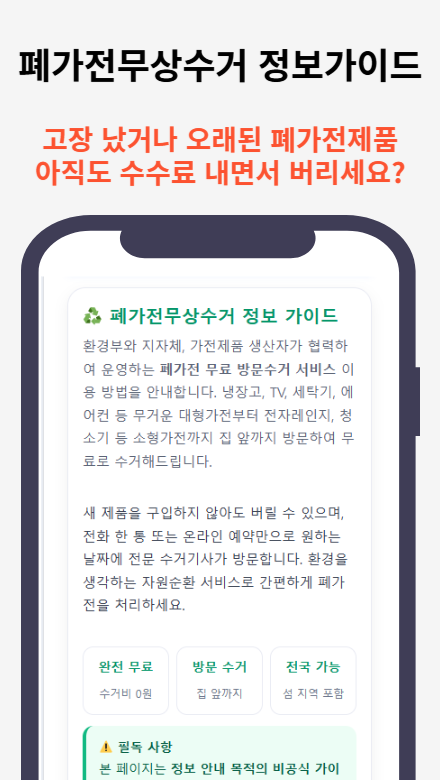 폐가전무상수거 정보 가이드를 안내하는 썸네일 이미지로 버려진 가전제품과 수거 서비스를 표현하고 있다
